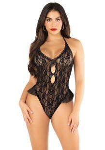 Боді з відкритою спиною та рюшами на стегнах Leg Avenue Lace Floral Lace Halter Teddy One Size, Black SX1755 фото