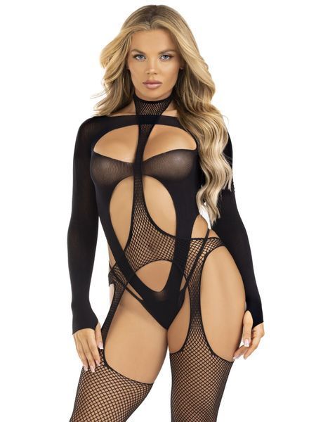 Бодістокінг 2 в 1 Leg Avenue Bodystocking with cutout teddy, One Size, чорний, панчохи-сітки і тедді SX1087 фото