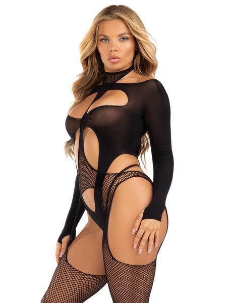 Бодістокінг 2 в 1 Leg Avenue Bodystocking with cutout teddy, One Size, чорний, панчохи-сітки і тедді SX1087 фото